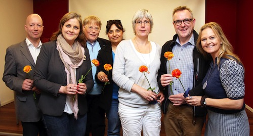  – Peter Jebsen, Julia Doellken, Jürgen A. Lahmann, Monika M. Kabay, Anne Stark, Norbert Illes und Vorsitzende Marina Friedt lenken in den nächsten zwei Jahren die Geschicke des DJV Hamburg (Foto: Florian Büh, www.Gutes-Foto.de)